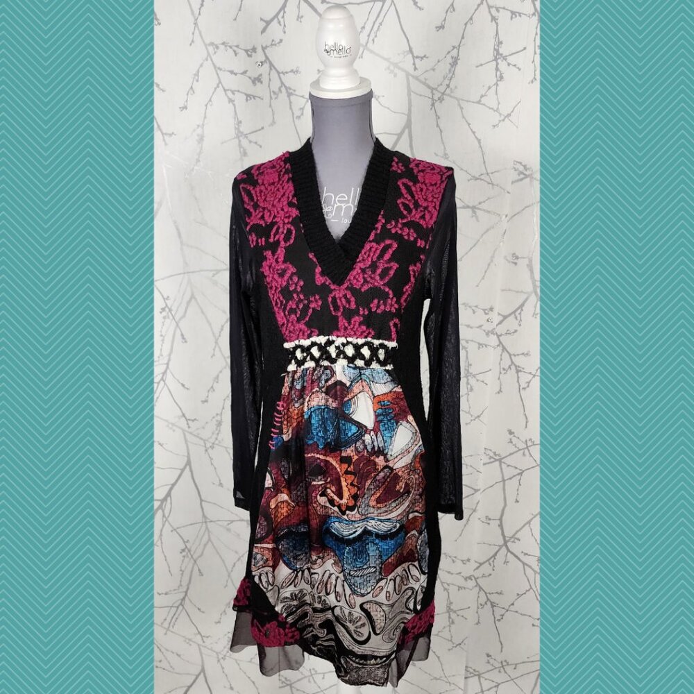 Carlopik Artsy Eclectic Wool Blend Knit Mixed Media Midi Dress
